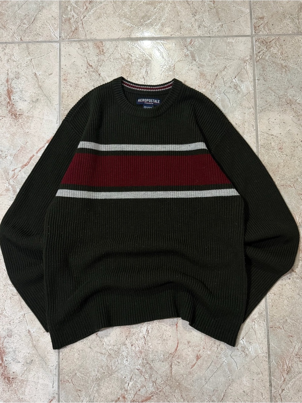Aeropostale Men’s Olive Green Crewneck Sweater with Burgundy and Gray Stripes